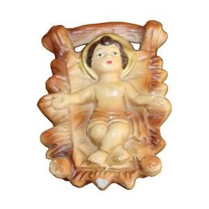 DAMAGED Baby Jesus Nativity Scene Manger Chalkware Paper Mache Japan 2.5"Hx4.2"L